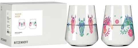 RITZENHOFF 8086003 Universalglas 2er Set 500 ml - Serie Reitgold - Trinkglas mit Pferdekopf-Motiv - bunt - Made in Germany