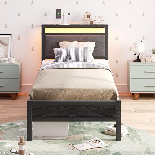 FOUBAM Polsterbett Bettgestell 90x200cm, Bettrahmen mit LED Schwarz | Metallbett mit Ladestation Kopfteil,Modern Gästebett Jugendbett Bettrahmen,Bett 90x200cm mit Lattenrost für Schlafzimmer