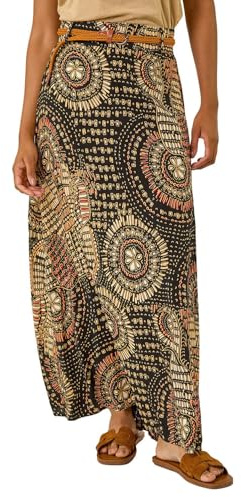 Roman Originals Jersey Skirt for Women UK - Ladies Midi Maxi Floral Animal Print Autumn Winter Swing Smart Casual Office Cocktail Party Going Out Evening Holiday Cruise - Noir Abstract - Size 20