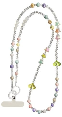 JOMA-E Shop Phone Lanyard Crossbody Stylish Anti-Theft Strap with Tabs, Detachable Chain for iPhone Pearl Beads Charm Chain, Cell Phone Neck Holder for Women (F)