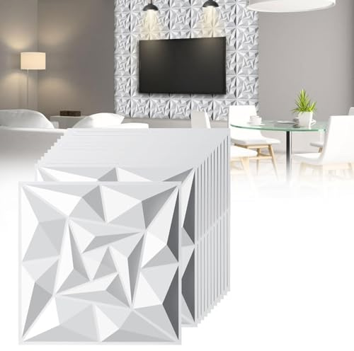 Jopassy 3D Wandpaneele Diamant 24 Stück 30 x 30 cm (2.16m²), 3D Wall Panels Gaming Zimmer, PVC Wanddeko Platten, Wasserfest, Matt weiß