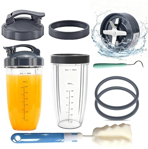 Hunnycook 11-Piece Replacement Parts Set for NutriBullet 600w/900w Series - 32oz Nutribullet Blender Cups with to-Go Lids, Extractor Blade, Sealing Gaskets, Cup Rings, Cleaning Brush & Crochet Hook