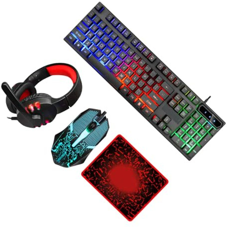 VALICLUD Wired Keyboard Mouse Headset Combo with Rgb Backlit Gaming Mouse Pad Ergonomic Design for Home Office and Gamer Desk Accessories