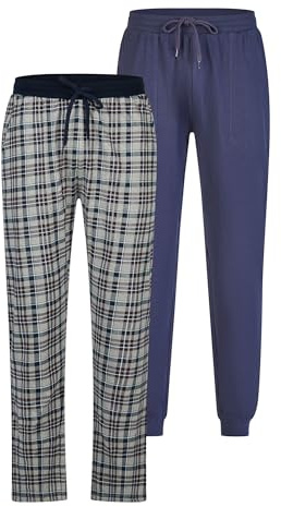 Phil & Co. Berlin Herren Pyjamahose 2-Pack Cozy Classics lange Hose Pyjamashorts 100% Baumwolle Schlafanzughose Schlafhose Freizeithose Lounge Wear Kariert Unifarben