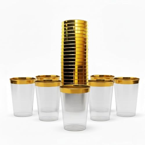 Playlearn Luxia 20-Pack Gold Rim Plastic Cups 10oz Clear, Heavy Duty Reusable Drinking Cups for Wedding, Cocktails & Elegant Parties