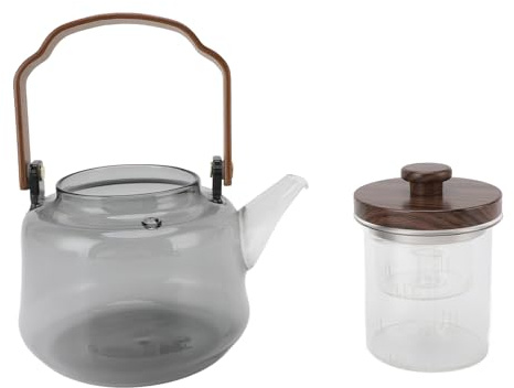 Aumotop Tetera de Vidrio con Infusores Dobles, Segura para Estufa, Estufa Eléctrica de Cerámica, Tetera para el Hogar, Oficina, Madera Nogal, 1000ml