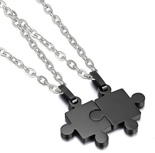Cupimatch 2 Pieces Black Stainless Steel Puzzle Matching Pendant Couple Necklace Set with 18 & 22 Chain