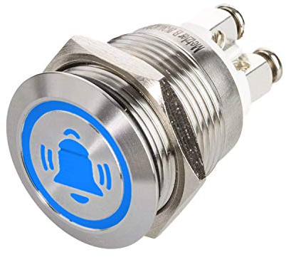 LED Drucktaster mit Glocken-Symbol, Einbau Ø 19 mm flacher Edelstahl-Taster mit farbig beleuchtetem Glocken-Symbol und Schraubkontakten, wasserdicht IP67, AC/DC (Blau)