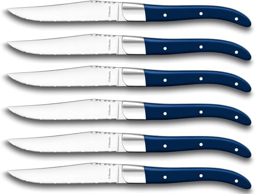 Lou Laguiole LOUIS Steakmesser-Set, 6-teilig, Griffe blau, Mikro-Wellenschliff mit langanhaltender Schärfe, super scharf & schnitthaltig, Steakbesteck, Profi Steak-Set