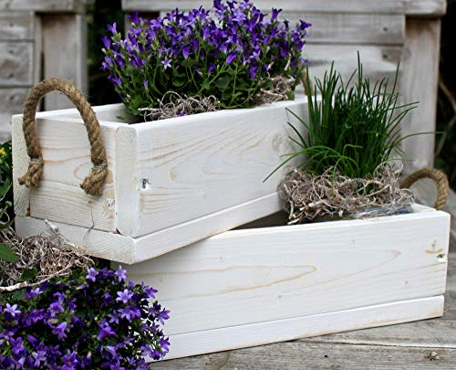dekorie67 Blumenkasten aus massivem Holz - Farbe: Weiß - Größe (HxBxT): 12 cm x 40 cm x 15 cm - Vintage Blumen- & Pflanzenkasten in klein für innen