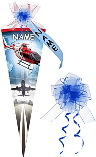 alles-meine.de GmbH Schultüte - Helikopter - Flugzeuge/Hubschrauber - 35 cm - rund - incl. Name und individueller Schleife - mit Tüllabschluß - Zuckertüte - mit/ohne Kuns..