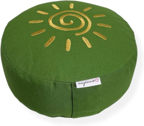 maylow yoga med hjärta® högkvalitativ meditationskudde broderi shanti solöverdrag tvättbar innerkudde boveteskal Ø 33 cm H: 15 cm (personalisering enligt önskemål) (oliv, H: 15 cm)
