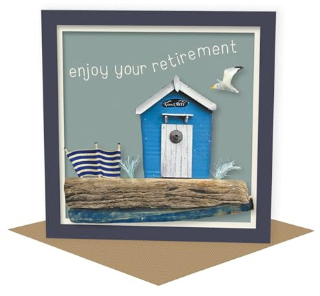 Holy Mackerel Beach hut blank coastal themed retirement card designed by Seth Draper, 15cm square with a brown kraft envelope
