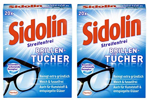 Sidolin Brillenputztücher, 2er Pack (2 x 20 Stück) feuchte Reinigungstücher für Brillen, Displays, Bildschirme