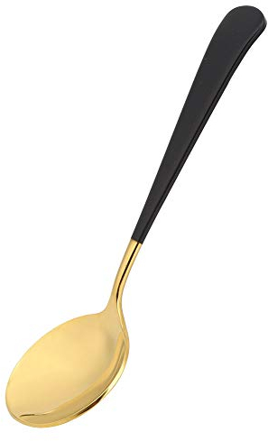 Round Spoon, Stainless Steel Soup Spoons Small Serving Spoon Black-Gold Spoons for Daily Use, 1 Piece