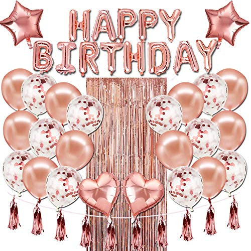 Geburtstagsdeko Rosegold Happy Birthday Girlande Konfetti Ballons Tischdecke Glitzer Vorhang Konfetti Herz Stern Folienballon