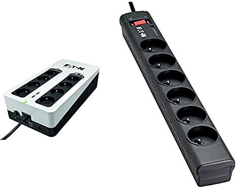 Onduleur Eaton 3S 700 FR - Off-Line UPS - 3S700F - 700VA (8 Prises FR) Noir/Blanc & Multiprise/Parafoudre - Eaton Protection Strip 6 FR - PS6F - 6 Prises FR - Noir