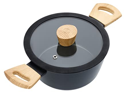 MasterChef Cacerola de Cocina, Cazuela Induccion con Mango de Madera y Tapa, Olla Antiadherente para Todo Tipo de Cocinas, Revestimiento Antirayaduras, Apta para Lavavajillas, Aluminio, 20cm, Negro