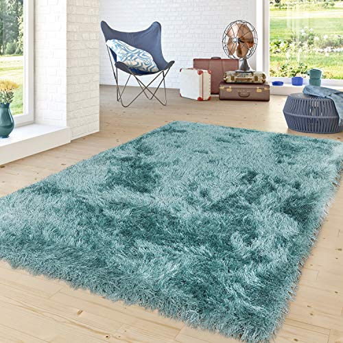 Langflor Teppich Wohnzimmer Shaggy Hochflor Pastell Modernes Einfarbig Soft Garn, Farbe: Türkis, Größe:80x150 cm