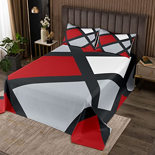 Rot Grau Schwarz Kariertes Tagesdeckenset,3D Abstrakt Geometrische Steppdecke für Kinder Kinderzimmer,Schwarze Streifen Linien Moderne Tagesdecke 2-teiliges Steppdeckenset mit 1 Kissenbezug