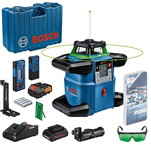 Bosch Professional 18V System Rotary Laser Level GRL 650 CHVG (Green Laser, Exterior Levelling, 1x Battery 18V 4,0 Ah + Charger, w/App Function, Working Range: up to 650m, in Carrying case)