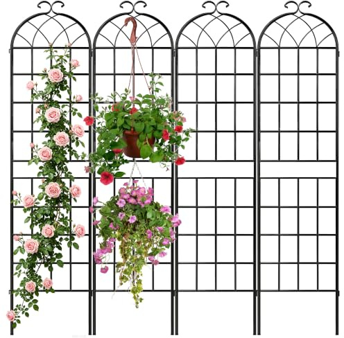 LZRS Rustikales Rankgitter für den Garten, mit schwarzer Beschichtung, dekorativer Topf zum Klettern im Freien, Rosen, Ranken, Blumen, Gemüse, 4 Stück