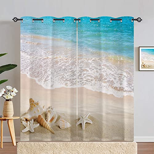 ANHOPE Ozean Strand Muscheln Seestern Vorhänge mit Ösen Blickdichte Gardinen Thermo Vorhang Blackout Curtain Schlafzimmer Wohnzimmer Weich Verdunklungsvorhänge 2er Set H 214 x B 140 cm