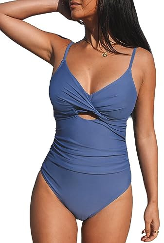 CUPSHE Damen Badeanzug V Ausschnitt Crossover Zierausschnitten Bauchweg Raffungen Einteilige Bademode Swimsuit Blau L
