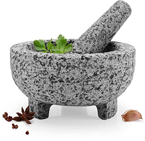 Mörser und Stößel Set, unpolierte Granitmahlschale, 15,2 cm, 2 Tassen | Für Kräuter, Pesto, Pasten, Gewürzmühle, Guacamole, mit Anti-Rutsch, Matsmolcajete Mexicano