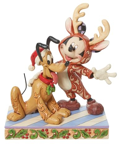 Jim Shore Enesco 6013059 Disney Traditions - Figura de reno de Mickey con Pluto Santa (6.25 pulgadas)