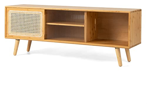 GIANTEX TV-Ständer, 120 cm, mit Schiebetüren aus Rattan und gehärtetem Glas, verstellbares Regal, Schrank für Wohnzimmer, Schlafzimmer, 120 x 31 x 46 cm