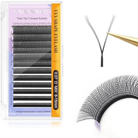 NAGARAKU 3 Tips Triple YYY Eyelash Extensions Supplies 6D Y Lash Premade Fans Russian Volume Cross YY Eyelashes Handwoven Y Shaped Mesh Technology Wispy Crisscross Cluster 12 Rows 0.07 D Curl 8-15mm