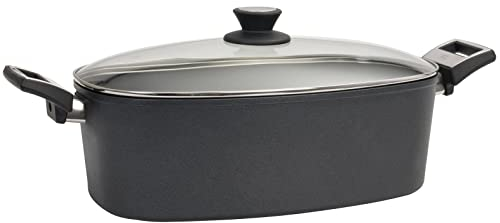 SKK großer Antihaft Gussbräter 40x24 cm - ohne Induktion - rechteckiger Aluguss Bräter mit Glasdeckel und Seitengriffe - Made in Germany