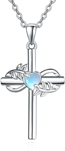 KINGWHYTE Cross Infinity Necklace for Women 925 Sterling Silver Heart Moonstone Pendant Infinity Vine Leaf Necklace Crucifix Jewelry Gifts for Mothers Day Christmas Thanksgiving