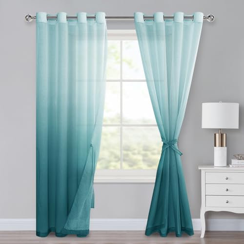 XWZO Voile Gardinen mit Ösen Vorhänge Farbverlauf Vorhang Sheer Ombre Gardinen 2 er Set für Schlafzimmer und Wohnzimmer Schlaufengardinen mit Raffhalter 245 x 140cm (H x B) Blau
