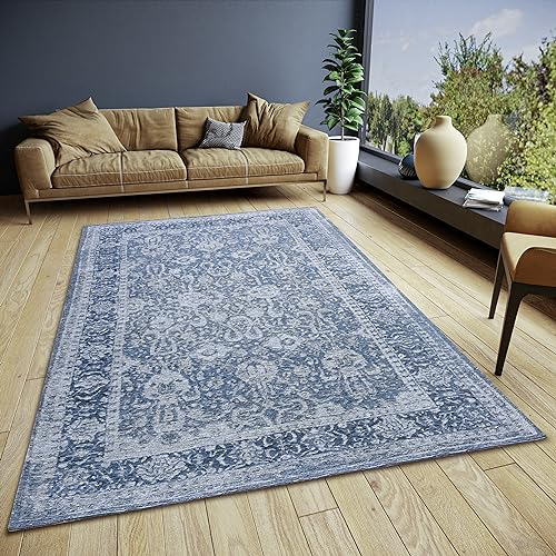 Hanse Home Aseno Teppich Orientalisch – Orient Läufer klassisch gewebt mit Bordüre Vintage-Look, leicht Glänzend Flachgewebe für Schlafzimmer, Esszimmer, Wohnzimmer, Flur – Blau, 120x180cm