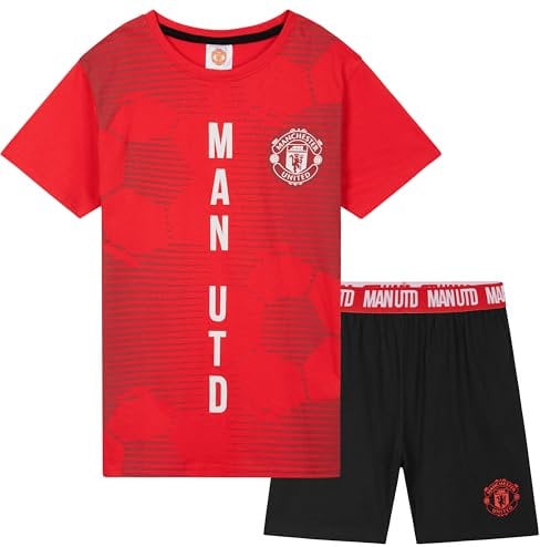 Manchester United F.C. Boys Short Pyjamas Set, Breathable Lounge Wear - Man United Gifts for Boys (Black/Red, 7-8 Years)