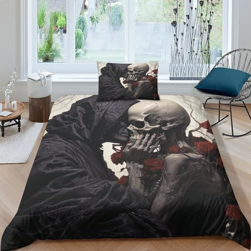 Schönheitsküsse Totenkopf 3D Betten Set Bettwäsche Set Microfaser Modern Gotisch Bettbezug Mit Kissenbezug 2 Teilig Jungen Mädchen Bettbezüge Für Jungen Mädchen Single(135x200cm)