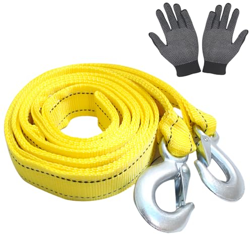 Fune di traino per auto: corda da traino 4 metri, 5 tonnellate (11000 lbs) con strisce riflettenti e 2 ganci di traino ad U e guanti, fune da traino per auto fuori strada e traino Heavy Duty
