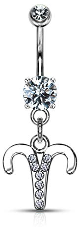 beyoutifulthings Bauch-nabelpiercing Stern-zeichen Widder Anhänger Silber Zirkonia Clear Nabel-Piercing Chirurgenstahl Bananabell Stab-länge 10-mm