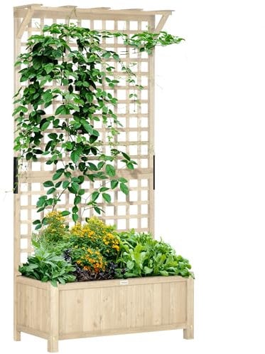 Outsunny Wood Planter with Trellis for Climbing Plants, Raised Bed, Planter Box with Drainage Holes to Grow Vegetables, Herbs and Flowers for Garden, Patio, Yard, Natural Wood Finish