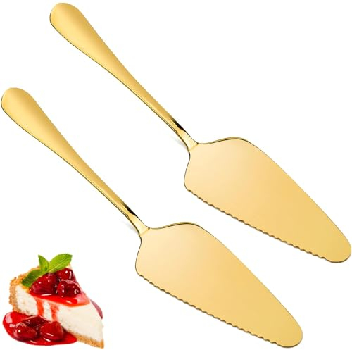 STOUCLA 2pcs Server Slicer with Fine Serrated,EdgeCake Pizza Pie Server,Wedding Cake Tool and Server Set,for Cake, Pizza, Fruit Cutting, Kitchen, Party and Wedding,Gold