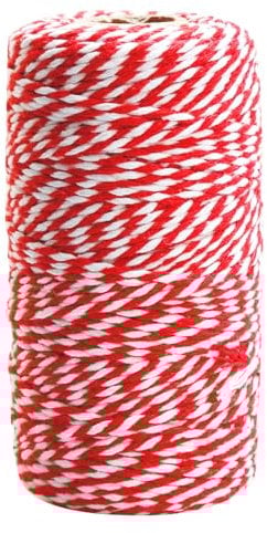 Rumyve 100m Cotton String,Red and White Bakers Twine Butcher Thread,Durable Decorative Twine Rope for Gift Wrapping Ornament DIY Crafts Handmade Arts Gardening Baking Decor