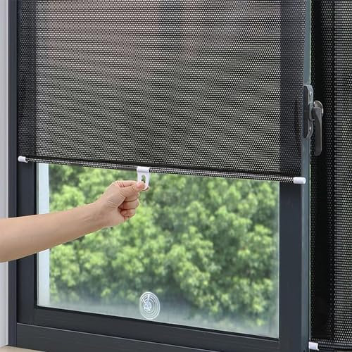 Cortina para Ventana con Ventosa,Estor Enrollable Blackout,Persianas Opaco Ajustables para Hogar,Protección Térmica para Interiores para Ventanas de Techo,Sin Perforaciones（Negro，58X125cm/23x49in）