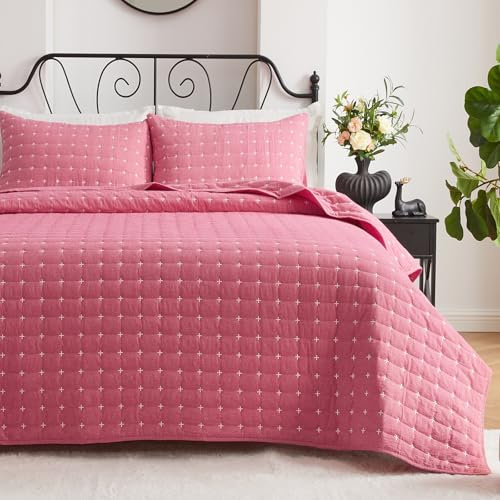 Qucover Couvre Lit 220x240 en Coton Lavé Super Doux et Confortables, Boutis Couvre Lit Matelassés avec Motif Moderne de Point de Croix, Courtepointe Couette d'Été Rose avec 2 Taies d'oreiller 50x75cm