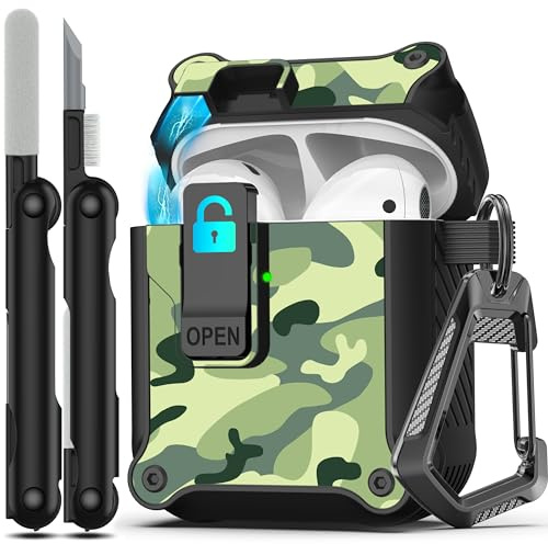 RFUNGUANGO Kompatibel mit Airpods 2 Hülle, automatisches Pop-up mit Sicherheitsverschluss-Clip, stoßfeste Ganzkörper-Hartschale mit Schlüsselanhänger,Rainforest Camouflage
