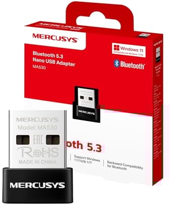 Mercusys MA530 Nano Adaptador USB Bluetooth 5.3, Conexión Rápida y Estable, Compatible con Windows 11/10/8.1/7, Plug & Play, para computadora, portátil, Auriculares, Altavoz y Teclado