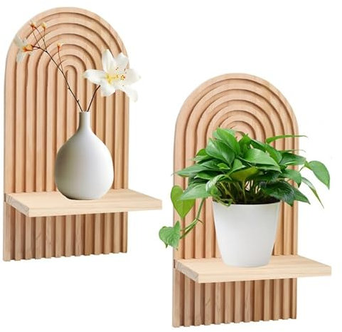 mumisuto Pack of 2 Bohemian Wooden Wall Shelves, Hanging Wooden Shelves Modern Boho Floating Shelves Wood Wall Shelf Arch, Rustic Hanging Shelves For Hanging Plants for Living Rooms Bathroom