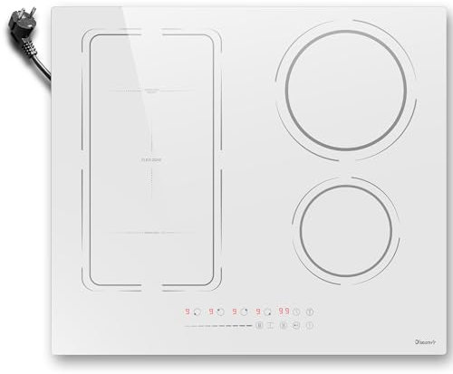 Placa Induccion 4 Fuegos blanco Flexible con Enchufe, Vitroceramica Induccion 60cm 3500W, Encimera Induccion 230v 9 Niveles, Función Boost-Aislamiento, temporizador, Bloqueo Para Niños