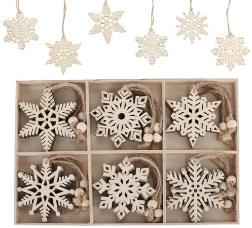 ilauke 24 Adornos de Copos de Nieve de Madera de Navidad Naturales, 6 Diseños Colgantes para Árbol, Decoraciones Rústicas, Artesanía, Manualidades, 7x8cm